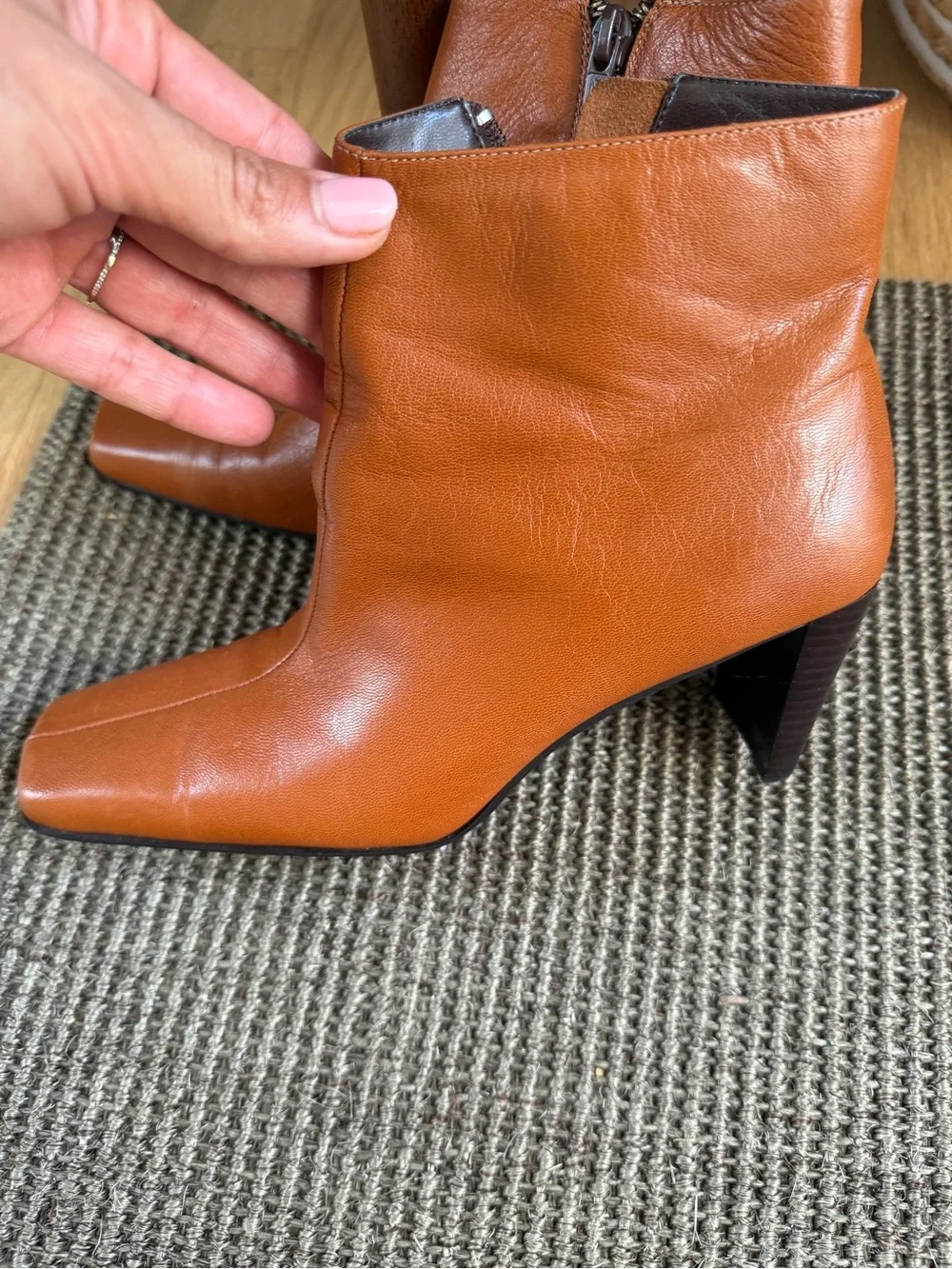Anne Klein Cognac Leather Square-Toe Ankle Boots